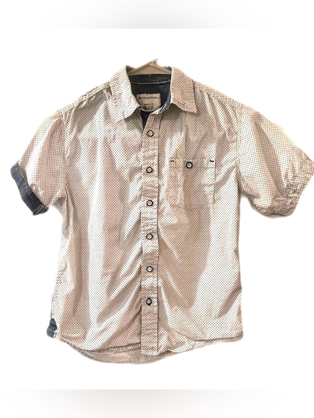 Boys white Short-Sleeve Dot-Print Shirt, foldable sleeves side accent, Large 8